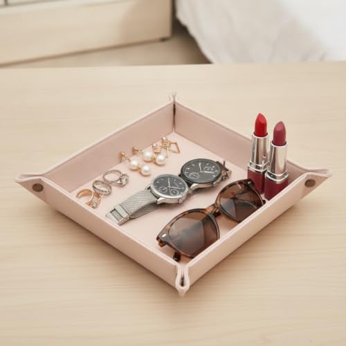Faux Leather Vanity Tray,Jewelry Holder,Light Pink | Soft-toned vanity tray for makeup, jewelry and beauty essentials on dressers, vanities and bedside tables. - color: Pink