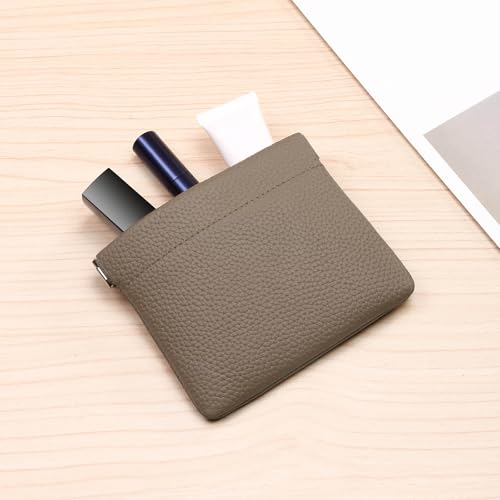 Genuine Leather Squeeze Coin Purse Pouch Change Holder For Men & Women Mini Change Purse Pouch for Pocket, Small Pouch Credit Card Key Headset Lipstick Holder (Grey) - color: Grey