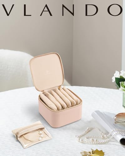 VLANDO Jewelry Boxes for Women with 6 Clear Velvet Zipper Pouches,Khaki - color: B.6PCS Khaki