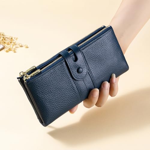 Large Capacity Wallets for Women Soft Leather RFID Blocking Long Wallet Ladies Bifold Clutch Purse Credit Card Holder with Double Zipper Pocket ID Window,Navy Blue - color: NavyBlue