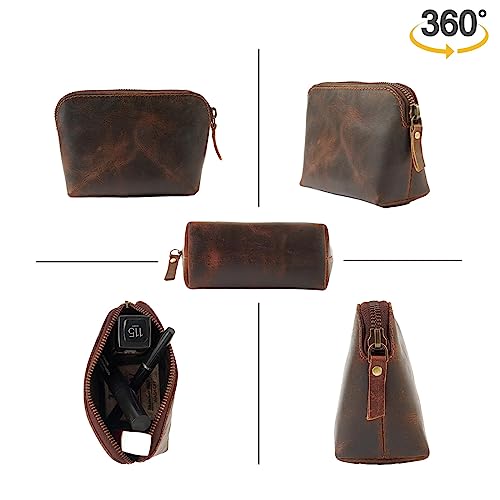 Full Grain Leather Cosmetic Bag – Zippered Makeup Pouch for Women, Small Travel Toiletry & Organizer Pouch for Purse, Premium Handmade Leather (5 × 4 × 2.5 in) - color: Brown