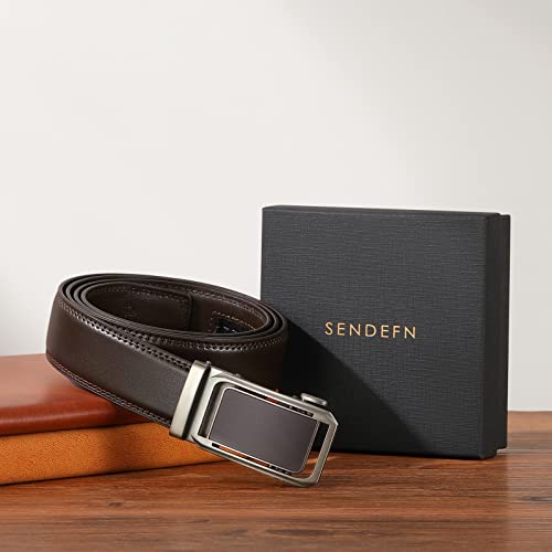SENDEFN Men's Leather Belt Automatic Ratchet Buckle Slide Belt for Dress Casual Trim to Fit with Gift Box - color: C-coffee-9, size: 32" to 38" Waist Adjustable