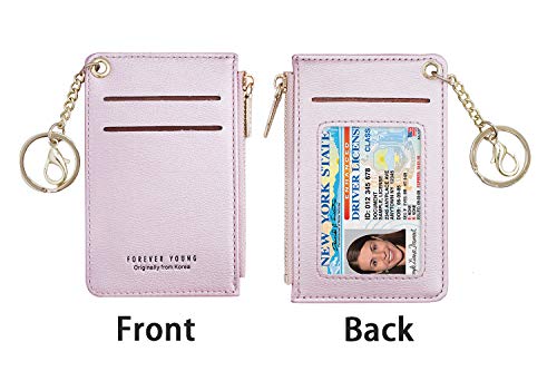 Small Wallets for Women Slim Leather Card Case Holder Wallet Coin Change Purse with Keychain - color: Pearized Pink
