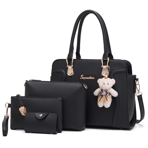 Women's Fashion Handbag Tote Bag Shoulder Top Handle Satchel Purse Set 4pcs | Stylish Style,Chain Texture Design,Ample Space,Bear Doll Decoration,with a Crossbody Strap - color: N-black