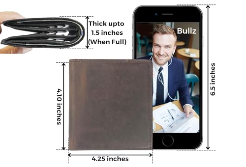 Bullz Genuine Nappa Cow Leather Thick Dual Credit Card ID Flap Quad Fold Large Bifold Mens Wallet Passcase RFID - color: Hunter Brown