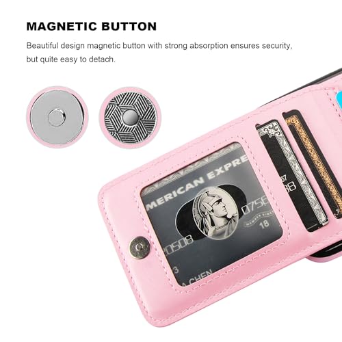 KIHUWEY for iPhone 11 Wallet Case Card Holder Kickstand, Pink | Credit Card Slots, PU Leather, Magnetic Clasp, Flip Heavy Duty Protection Cover for Men and Women - color: Pink