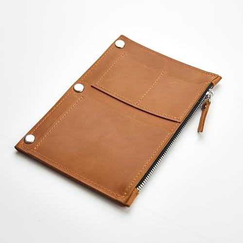 Leather Travel Journal Insert A6 – Genuine Leather Notebook Organizer with Zipper Pocket, Refillable Journal Insert with Card Pockets, Handmade Leather Journal Accessory, Warm Brown - size: A6