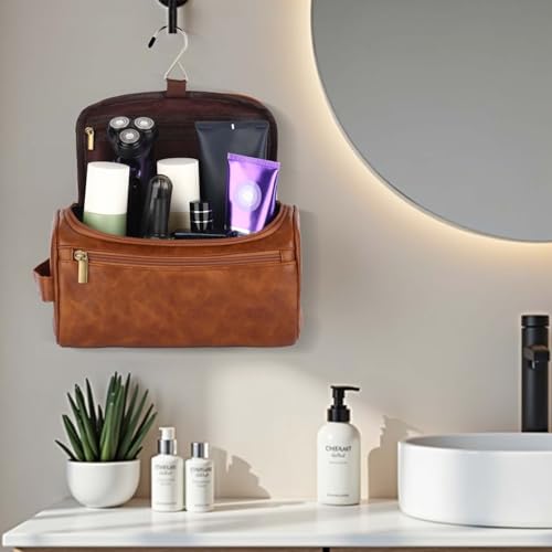 OXYEFEI Personalized Toiletry Bag for Men,Personalized Gifts for Men,Engraved Initial PU Leather Mens Toiletry Travel Shaving Travel Essentials Toiletries Bag for Him Birthday (D, Brown) - color: Brown, style: D