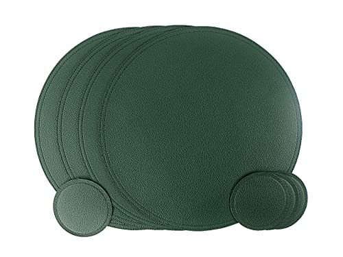 Jovono Faux Leather Round Placemats and Coasters, Wipeable Table Mats, Easy to Clean, Double Stitched for Kitchen Dining Table, Party, Restaurant, Diameter 13'' and 3.9'', Green - color: A Green, size: Set of 4