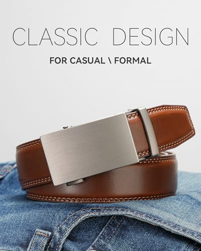 Men's Leather Belt with Ratchet Buckle - color: Basic Gradient Brown, size: 42" to 48" Waist Adjustable