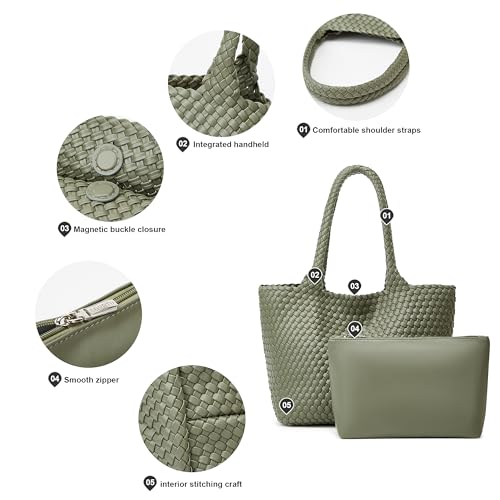 BOYATU Woven Tote Bag for Women: Vegan Leather Purse for Weekend Travel | Large Tote with Removable Zipper Pouch, Detachable Clutch Quick Access - Designer Bag for Summer Beach Vacation Daily Use - color: A6 Large Green