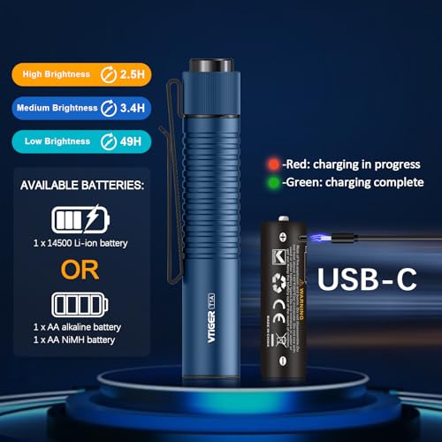 VTIGER T1A Mini Pocket EDC Flashlight with Clip,1300 Lumen Compact AA Rechargeable LED Little Flashlights, Super Bright Tail Switch Small Flash Light with Magnet for Camping,Hiking,Outdoor,Emergency - color: Blue