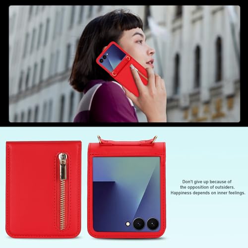 for Samsung Galaxy Z Flip 7 Luxury Zipper Wallet Phone Case, Multi-Function Kickstand Card Holder Adjustable Crossbody Strap, Fashion Flip Case.(Red) - color: Red, size: Samsung Galaxy Z Flip 7