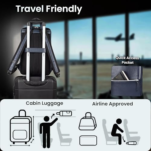 LEATHER VILLAGE Leather Laptop Backpack for Men with Trolley Strap 16L Blue | Water-Repellent, Slim Professional Business Bag Fits 2 Laptops up to 15.6", Tablets or Files, Work & Travel Daypack - color: Blue