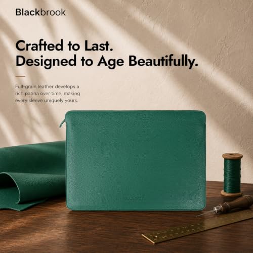 BlackBrook Tyler Leather Sleeve for MacBook Air 15 Inch & Pro 16 Inch | Handcrafted by Artisans, For Work, Travel & Daily Carry, Ages Without Peeling - color: Pebble Green