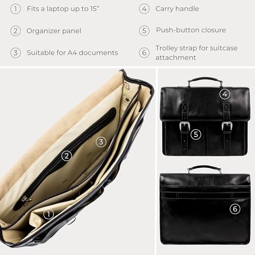 Time Resistance Leather Briefcase for Men Handcrafted in Italy Full Grain Messenger Bag for Laptop - color: Black