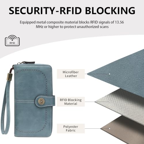 Wristlet Wallets for Women Leather Credit Card Holder Bifold | RFID Blocking, Large Capacity, Ladies Phone Clutch Purse with Zippered Coin Pocket - color: A08 Light Blue