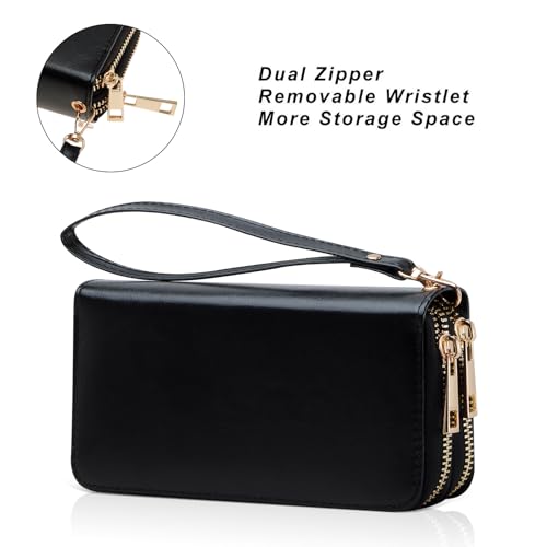Cellphone Wallet for Women Dual Zipper Long Purse with Removable Wristlet - color: Black