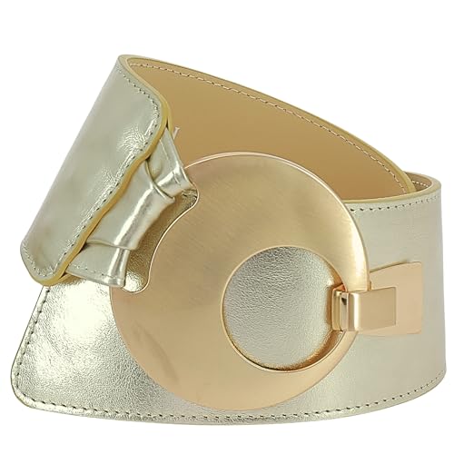 FASHIONGEN Women's wide genuine leather belt with a round cross buckle SOLAINE - color: Golden, size: Small-Large