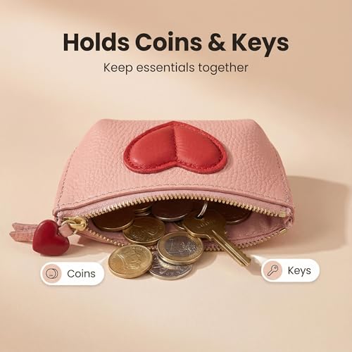 Red Heart Design Small Coin Purse - Cute Compact Keychain Change Purse Soft Leather Wallet with Zipper for Women (Pink) - color: Pink