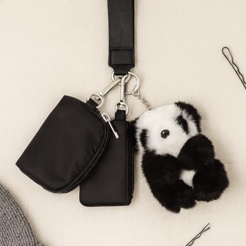 Mini Double Pouch Wristlet Wallet with Plush Charm – Cute Novelty Zipper Coin Purse Keychain Set with Strap – Kawaii Accessory for Teens, Travel, or Gifting (Panda Bear) - color: Panda Bear