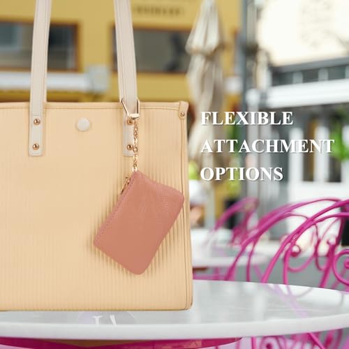 Full Grain Leather Coin Purse with Key Chain - Small Change Purse Keychain Card Holder Keychain Pouch Small Keychain Wallet for Women and Men (Pink) - color: Pink, Regular Size