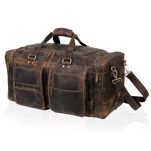 Large 24 inch duffel bags for men holdall leather travel Duffel bag overnight gym sports weekend Duffle bag (Dark Brown, 24" Large)