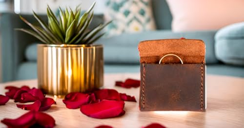 Handmade Brown Leather Wedding Ring Case, Engagement Ring Pouch for Bride and Groom, Travel Jewelry Storage, Proposal RingHolder, and RingBearer, Small Jewelry Pouch - color: Brown
