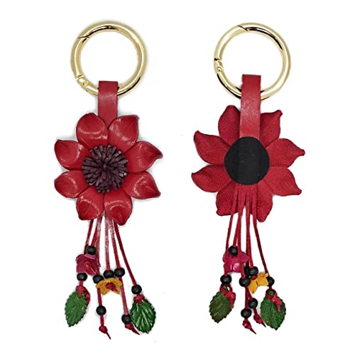 Flower Keyring Keychain Hand Made Leather Key Organizer Handbag Purse Tassels Charms Bag Accessories Handcraft Gifts - color: Sunflower Red