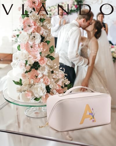 VLANDO Initial Makeup Bag with Separate Brush Pocket,Letter A,Off White - color: 14.White-A