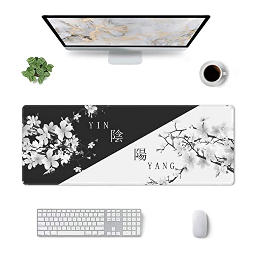 Japanese Large Gaming Mouse Pad, Cherry Blossom Pattern | Black and White Design XL Mousepad with Nonslip Rubber Base & Stitched Edges, Big Desk Mat for Keyboard-31.5x11.8 Inch - color: Japanese Black White Cherry Blossom, size: 31.5" x 11.8"