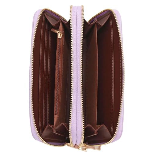 Double Zip Around PU Leather Wristlet Cell Phone Wallet - color: Lavender