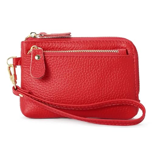 Women Genuine Real Leather Coin Purse with Hand Strap. 3 Zipper Small Wallet Wristlet with 3 credit cards slots Holder - Red - color: #13 Red