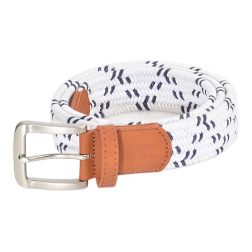 Elastic Woven Golf Belt Men – Braided Stretch Belts for Men, No Hole Adjustable Nylon - color: White and Dark Blue, size: 40-42
