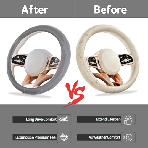 NBTEPEM 6 PCS Nappa Microfiber Leather Grey Steering Wheel Cover Set, Breathable Fabric Cooling Steering Wheel Cover 14.5-15inch Universal, Car Center Console Cover, Seat Belt Cushion, Cup Coaster - color: Grey