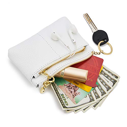ZOOEASS Women Genuine Leather Zip Mini Coin Purse With Key Ring Triple Zipper Card Holder Wallet - color: White
