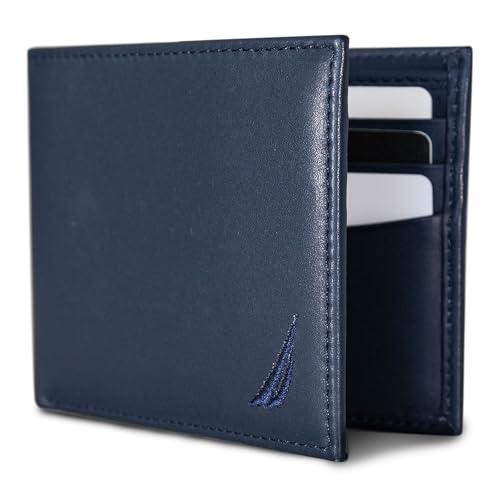 Nautica Men's Bifold Leather Wallet | RFID Blocking | ID Window | Card Slots | Organization | Durable | Stylish - color: Émbroidered Sail - Navy
