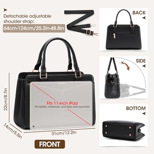 RAINSMORE Purses for Women Satchel Purse, PU Leather Structured Work Handbag with Bowknot and Shoulder Strap, Fits 11'' iPad - color: Black