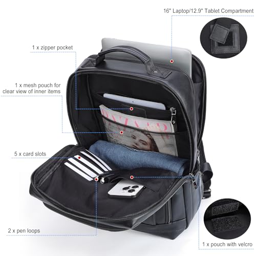 Masa Kawa Black Leather Backpack Men, 16" Laptop Business Work Travel Bag | Water Bottle Holder, Luggage Strap, Computer Sleeve, Waterproof Large Professional Overnight Weekender Trip College Daypack - color: Black
