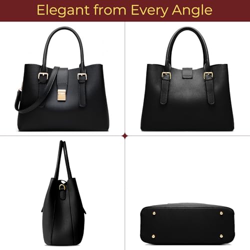 Vegan Leather Tote Handbag for Women, Medium Bag Top Handle Purse | Classic Top Handle Structured Handbag, Detachable Crossbody Strap, Fits Most 13" Laptops, Ladies Shoulder Bag for Work Travel - color: Black