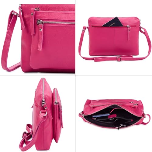 Leather Crossbody Bags for Women Small Soft Genuine Pebbled Sling Shoulder Handbag Crossover Purse with Full Adjustable Strap (Hot Pink Nappa) - color: Hot Pink Nappa