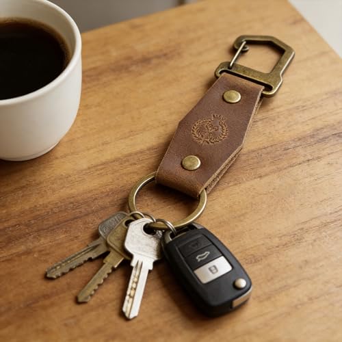 Genuine Leather Keychain Handmade Car Keychain Leather Key Chain Solid Metal Key Keeper Belt Loop Key Ring Holder - color: Brown-style2