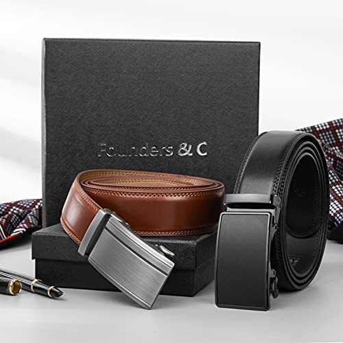 Founders & C Mens Belt 2 Pack,Leather Ratchet Click Belt Dress with Slide Buckle 1 3/8" in Gift Set Box- Size Adjustable - color: Cognac/Black Belt, size: 22"-34" Waist Adjustable