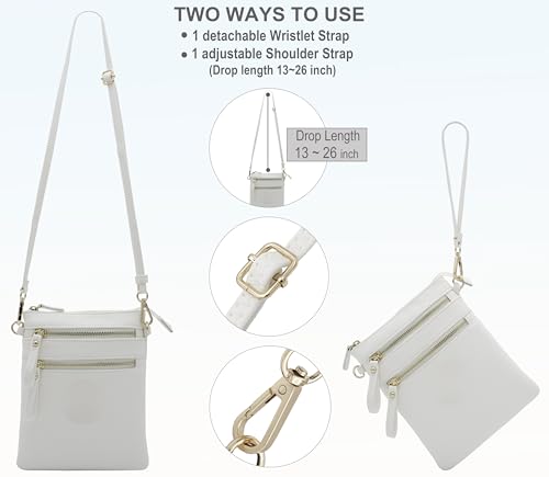 Small Crossbody Bag for Women, Multi Zip Pockets with Detachable Wristlet, Lightweight Travel Purse, Cell Phone Pouch - color: White