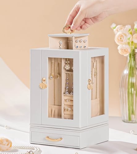 Luxury Jewelry Box for Women: 360° Rotating with Clear Window | Compact Jewelry Storage with Drawer - Necklace Ring Organizer with Compartments - Elegant Earring Holder Display Great Gift - color: White