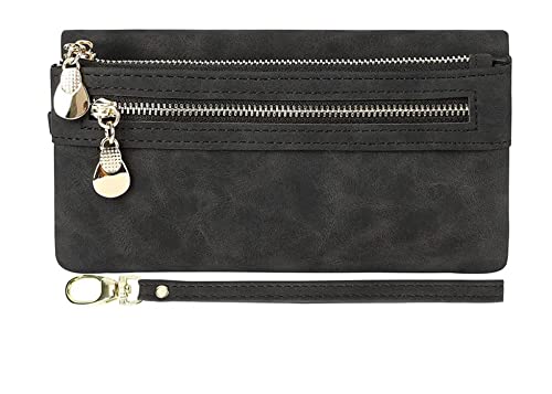 Aslana Soft Leather Long Wallet Wristlet with hand Strap Clutch Bag for Women Card holder Phone Bag (Black) - color: #01 Black