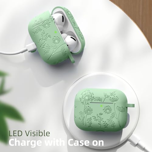 Lerobo for AirPods Pro 2 Case, Soft Silicone Cover with Keychain for Women | Engraved Flower, Scratch & Dust Resistant, LED Visible, Shockproof, Compatible with Apple AirPods Pro Case Cover, Grass Green - color: Grass Green