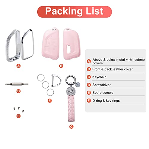 for 2021 Cadillac Escalade Key Fob Cover with Keychain, Pink Genuine Leather Crystal Key Case Protection Shell Compatible with Cadillac CT5, CT6, CTS, XT6 Remote Start - size: Fit for Cadillac B