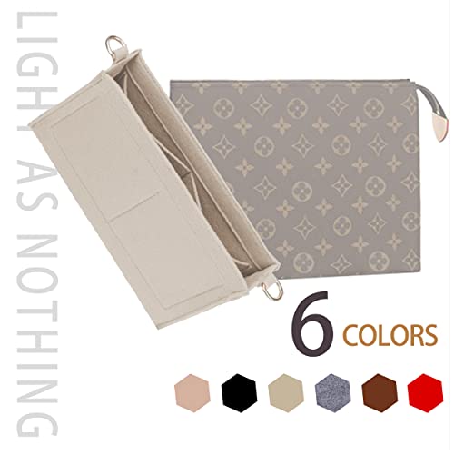 Felt Hangbag Tote Organizer Insert Fits Toiletry Pouch 26x19 Messenger Bag Insert with Gold Buckle&Keychain (Beige) - color: Beige, size: Small-19