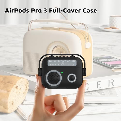 Cute 3D Retro Radio Case Compatible with AirPods Pro 3, Soft Silicone Protective Cover with Rotatable Handle (Lid Lock to Prevent Opening) & Strap, Precision Cutouts, Anti-Slip, Easy to Clean Green - color: Retro Green, size: Airpods Pro 3
